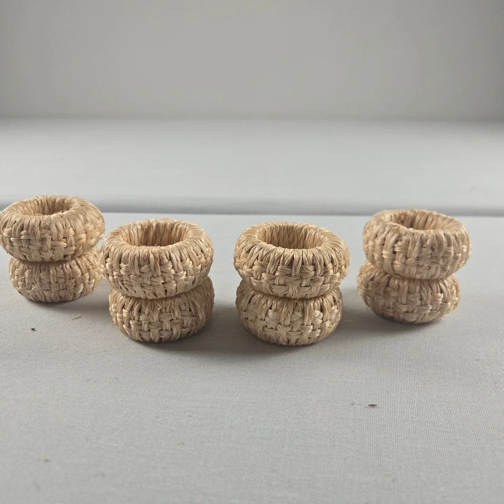 Set of 8 Woven Raffia Napkin Rings Natural Boho Coastal Farmhouse Table Decor